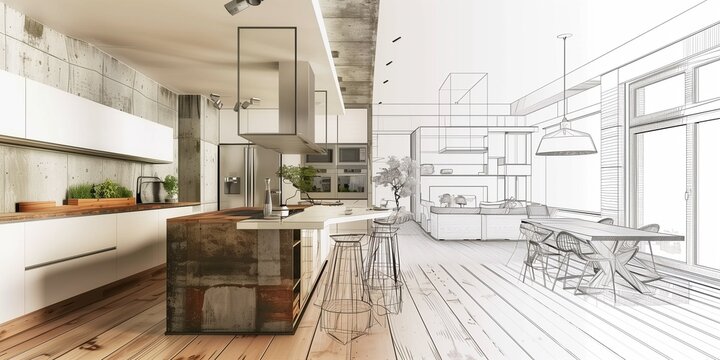 Interior design visual showing a kitchen transitioning between architectural linework and finished materials